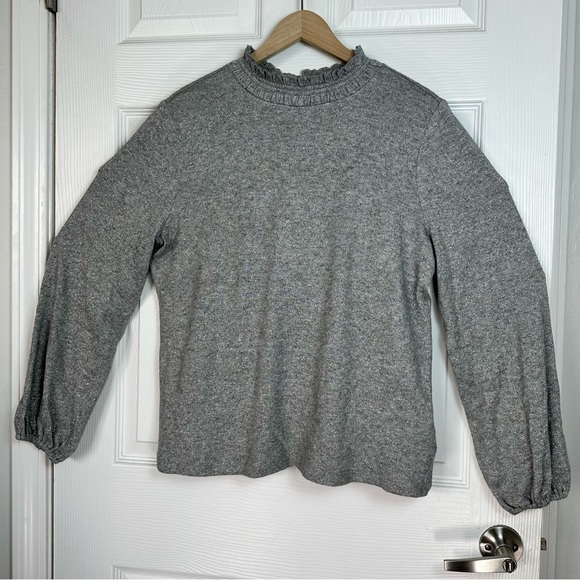 Talbots Sweaters - Talbots Gray Metallic Ruffle Neck Sweater L Long Sleeve Velvet Bow Back Holiday